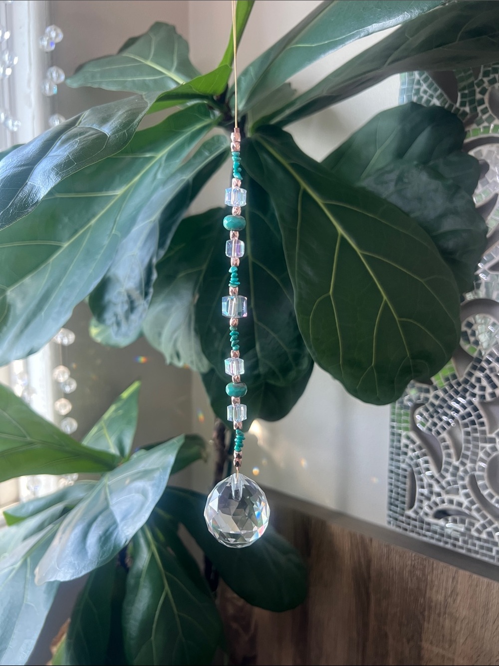 Teal and Clear Crystal Hanging Suncatcher - Decorative Window Prism